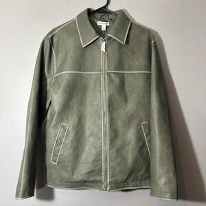 And Now His Faux Leather Jacket Olive Green Full Zip Moto Style Small Oversize
